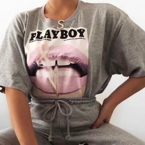 ❌ SOLD ❌ Playboy Gray Lips Print Cropped Shirt